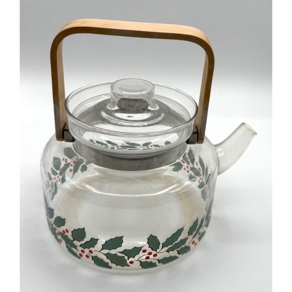 Christmas Handblown Tea Kettle Holly Berry Pattern Heat Resistant Glass Cookware - Picture 5 of 9